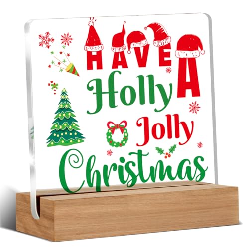 AKFVNSFK Holly Acrylic Desk Sign 4x4 in with Wooden Base – Red & Green Christmas Decor