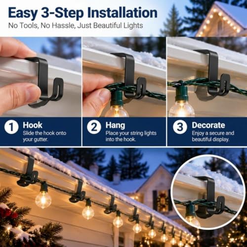 Black 50 Pcs Gutter Light Clips for Outdoor Christmas & Year-Round Use