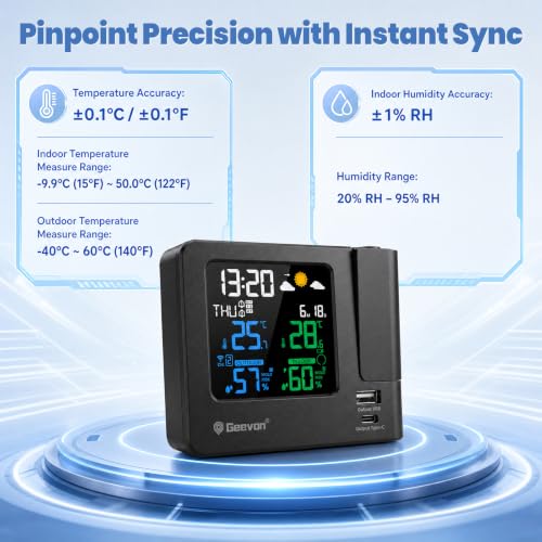 Projection Alarm Clock with Weather Station, Indoor & Outdoor Temperature