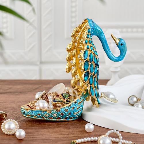 Blue Swan Enamel Jewelry Trinket Box - Decorative Ring Holder Organizer