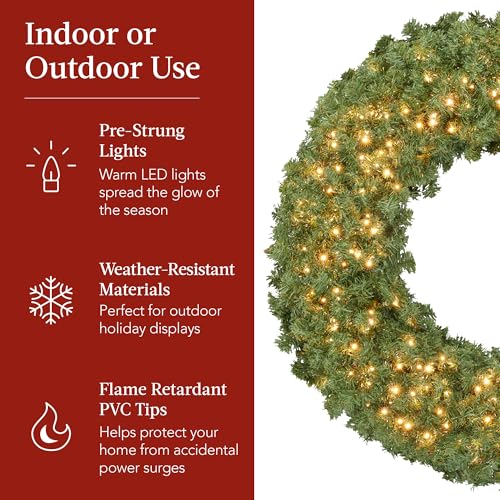 48in Artificial Pre-Lit Fir Christmas Wreath with Red Bow & 250 LED Lights - Green Spruce
