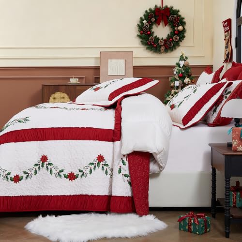 EVENHUG Christmas Quilt Set King Size 3 Pieces with Pillow Shams – Red B Floral Lightweight Bedspread