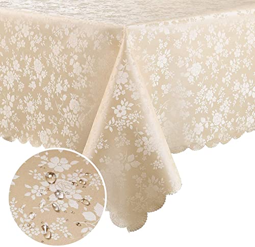 Waterproof Heavy Duty Vinyl Tablecloth, 60x84 Inch Floral Table Cover (Beige)