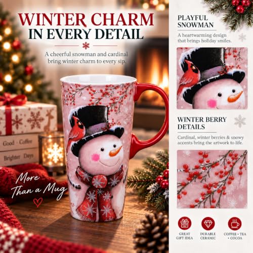 Topadorn 17oz Ceramic Travel Mug with Lid - Snowman Cardinal Christmas Coffee Cup