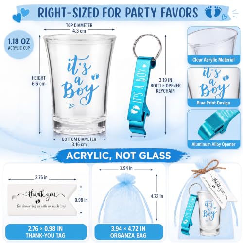 Baby Shower Favors Shot Glass & Keychain Gift Set - Blue, 50 Sets, Gender Reveal