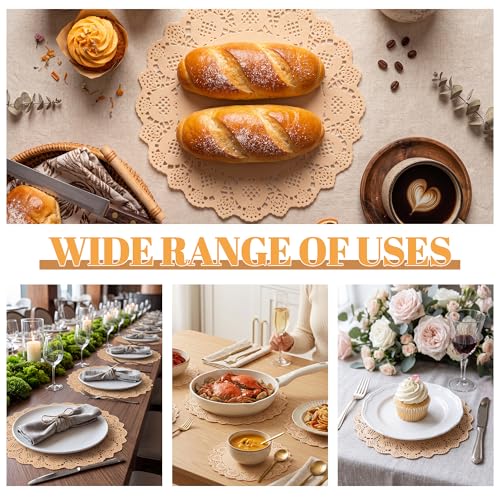 13.5 Inch Round Kraft Paper Doilies - 100 Pack Rustic Lace Placemats