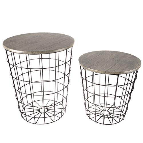Round Nesting End Tables Set of 2 with Storage Basket and Wood Lid