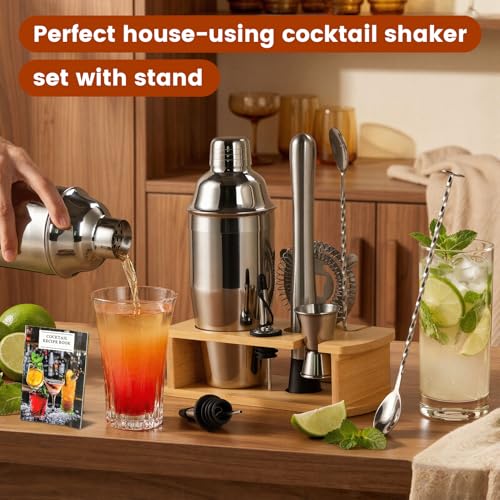 ZPUFAW 8-Piece Cocktail Shaker Set with Wooden Stand - Bar Tool Kit