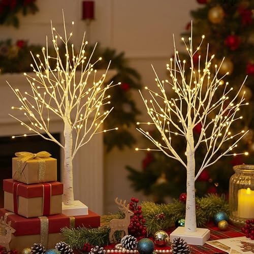 2 Pack BHGNEJN Small Lighted Artificial Birch Trees with Timer, 144 LEDs, 2ft Warm White Tabletop Decor for Bedroom & Holidays