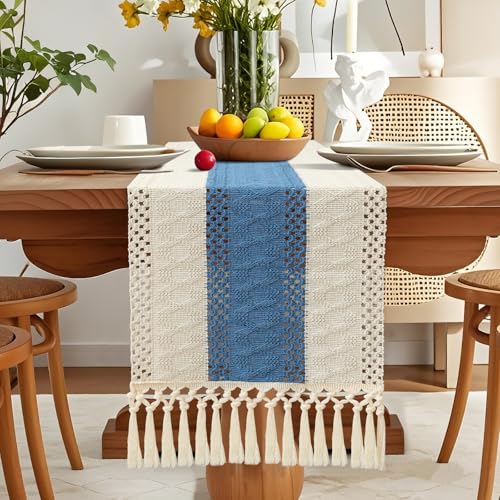 OTOSTAR Blue 12x108 Inch Boho Macrame Table Runner with Tassels – Rustic Farmhouse Home Decor