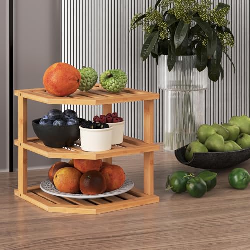 3-Tier Bamboo Corner Shelf Organizer - 2 Pack Kitchen Counter Storage Rack