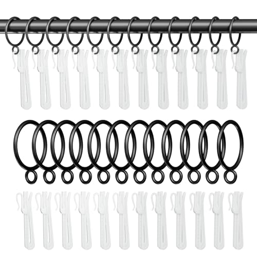 1.25 Inch Curtain Rings with Adjustable Hooks, 24 Pack Black Metal Drapery Set