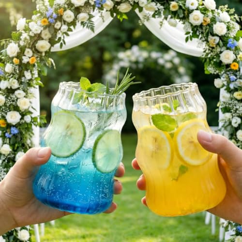 4-Pack Ribbed Glass Tumblers with Straws, 16oz Aesthetic Iced Coffee Cups