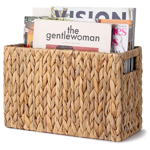 Hand-Woven Water Hyacinth Magazine Basket - 15-inch Wicker Storage Holder