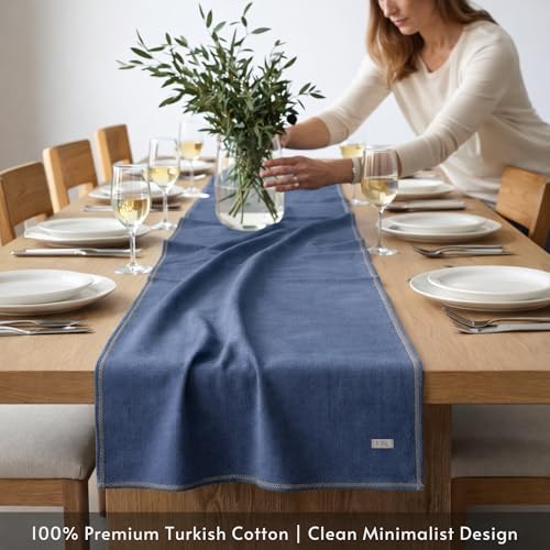 Jojomia Indigo Blue Turkish Cotton Table Runner 27x70in, Farmhouse Decor, Machine Washable