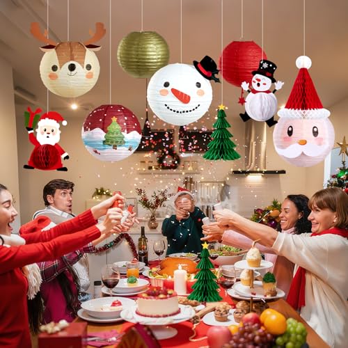 Easy Joy Christmas Paper Lanterns Set - Red, Green & Gold Holiday Decorations with 3D Xmas Hats, Santa, Snowman & Trees - 11 pcs