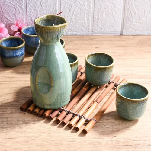 Swlthwen Green Japanese Sake Set of 5 Ceramic Pot & Cups - 300ml with 4 x 50ml Cups