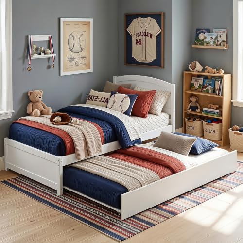 Solid Wood Twin Daybed with Pull-Out Trundle Bed, White Pine Frame