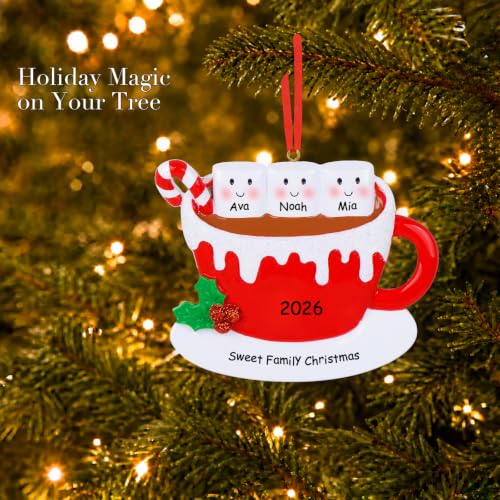 MAXORA Hot Cocoa Family of 3 Christmas Ornament 2026 - Personalized Marshmallow Mug