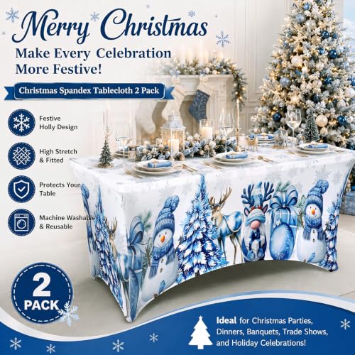 Moukeren 2-Pack Christmas Spandex Tablecloth 6ft Rectangular Blue Snowman (Blue Snowman / Blue White)