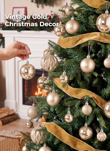 Brightown Champagne Gold Shatterproof Christmas Ornaments Set - 36 pcs, 6 Designs, 3 Sizes