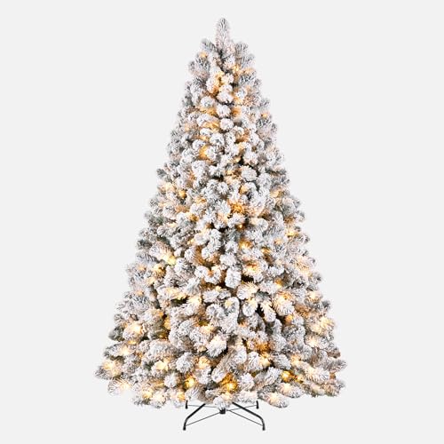 Snow Flocked Artificial Christmas Tree 7.5ft with Warm Lights & Hinged Branches - White