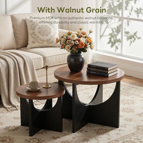 2-Piece Nesting Coffee Table Set, Walnut Wood Round Side Tables