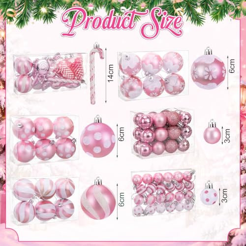 Vercraft Pink Candy Cane Ornaments Set - 82 Christmas Plastic Decorations with Lollipop Tree Topper