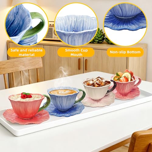 JUSONEY Blue Flower-Shaped Ceramic 10oz Latte & Tea Cup Set with Saucer