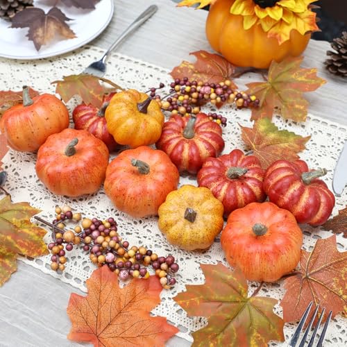 16-Piece Mini Artificial Pumpkin Decor Set with Maple Leaves and Berries