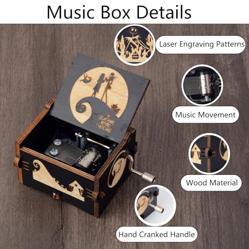 Vintage Wooden Hand Crank Music Box, Laser Engraved Spooky Melody Gift