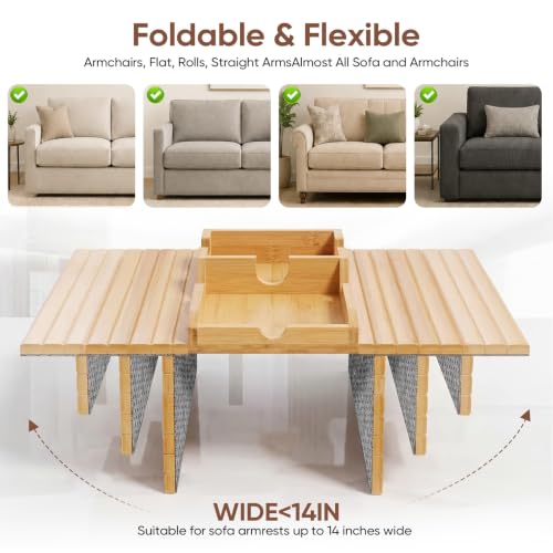 Bamboo Couch Arm Tray Table with Cup Holder, Foldable Sofa Armrest Tray