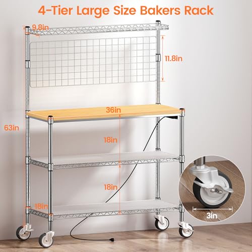 4-Tier Bakers Rack with Power Outlet, Kitchen Microwave Stand on Wheels