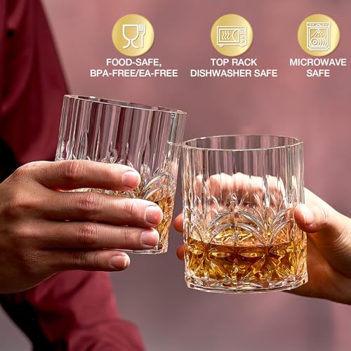 Hlukana Unbreakable 14oz Plastic Whiskey Glasses Set of 6 - BPA-Free, Dishwasher Safe, Clear Old Fashioned Rocks Glasses for Scotch, Bourbon, Rum, Vodka, Cocktails