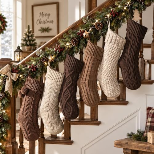 18 Inch Christmas Stockings Set of 6 - Neutral Earth Tone Cable Knit; White Brown Beige