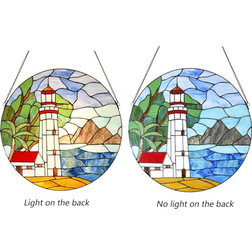 Tiffany-Style Stained Glass Lighthouse Window Panel - 22-Inch Round