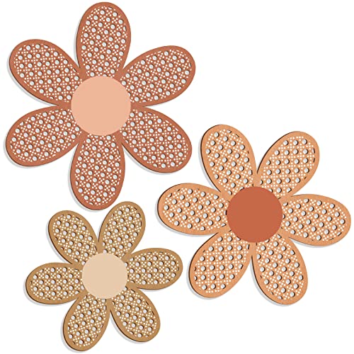 3-Piece Boho Daisy Wall Decor Set, Wooden Rattan Floral Nursery Art