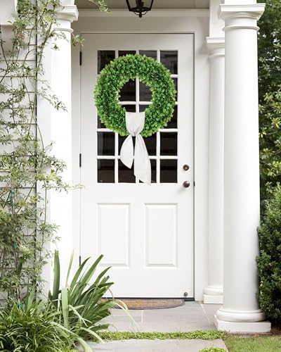 20-Inch Artificial Boxwood Wreath for Front Door with White Sash
