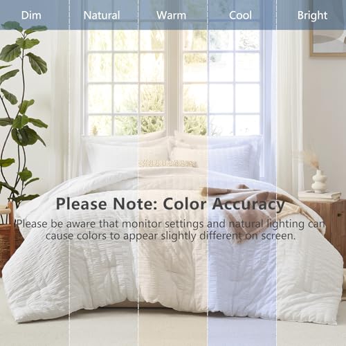CozyLux Queen White Seersucker Bed in a Bag 7-Piece Comforter Set