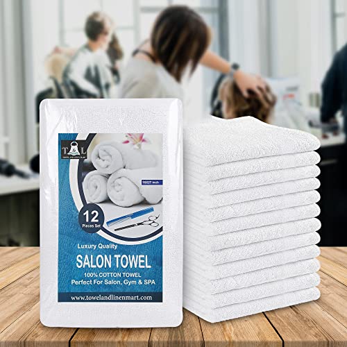 Premium Cotton Salon Towels 16x27 Inches, 12-Pack White Absorbent Hand Towels