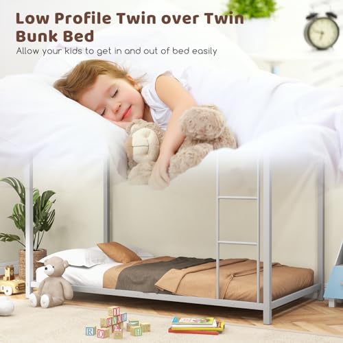 Twin Over Twin Metal Bunk Bed, Heavy Duty Low Floor Bed Frame with Ladder