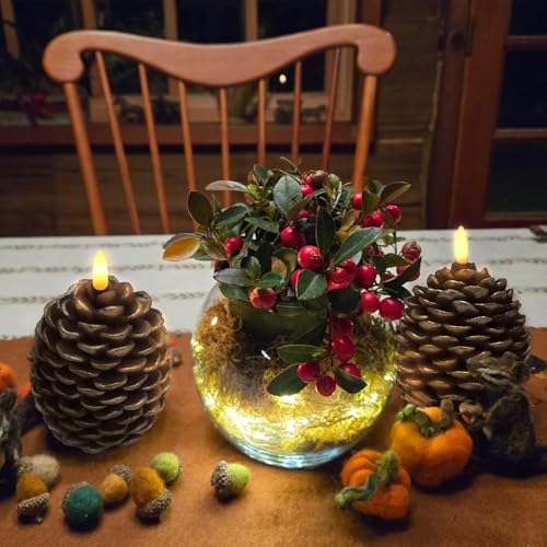 Pine Cone Candles (Golden-Brown) 4.8 in Battery-Operated 2-Pack w/ Remote & Timer - Flameless Pinecone Decor