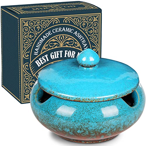 Ceramic Windproof Ashtray with Lid - Blue 4.5-inch Outdoor Cigar Ash Tray