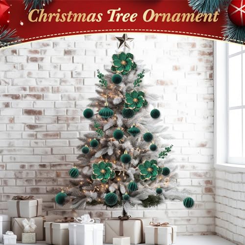 Kinlop 34 Pcs Velvet Christmas Ornaments Set Dark Green – 22 Balls, 6 Poinsettias & 6 Berry Stems