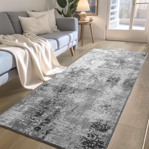 2x6 Abstract Runner Rug - Non-Slip Washable Grey Hallway Carpet