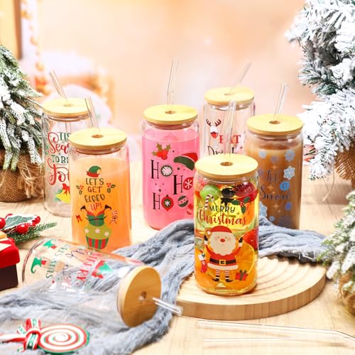 Skylety 12-Pack 16oz Christmas Glasses with Bamboo Lids, Straws & Brushes