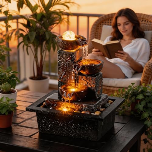 Tabletop Water Fountain with Rotating Ball & Warm LED Light - Zen Decor