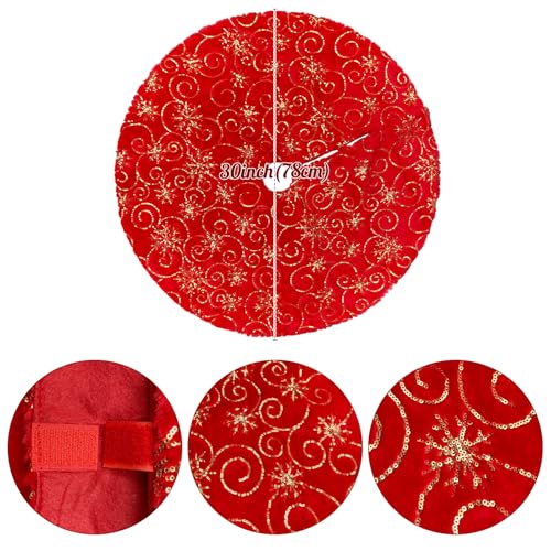 Red Christmas Tree Skirt with Gold Sequin Snowflakes Plush Faux Fur