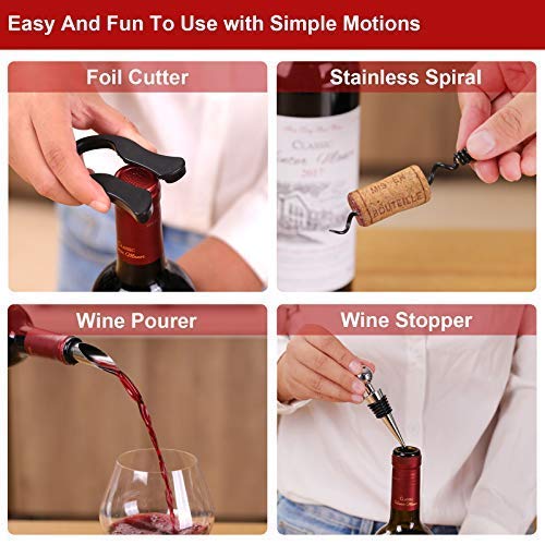 Stainless Steel Wine Bottle Opener Set with Corkscrew, Foil Cutter, Stopper & Spiral