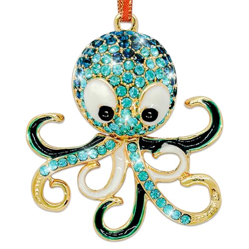 Blue Octopus Christmas Ornament - Metal Rhinestone Hanging Decor